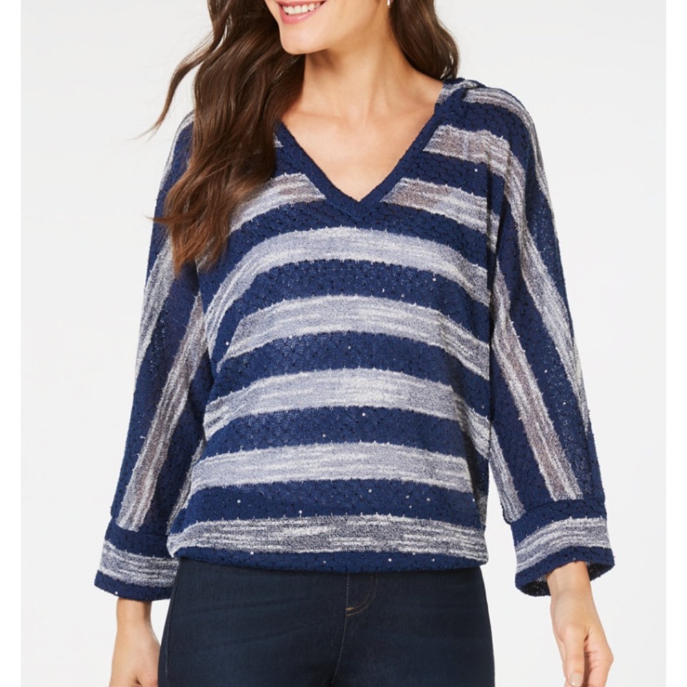 INC Textured-knit Striped Hooded top